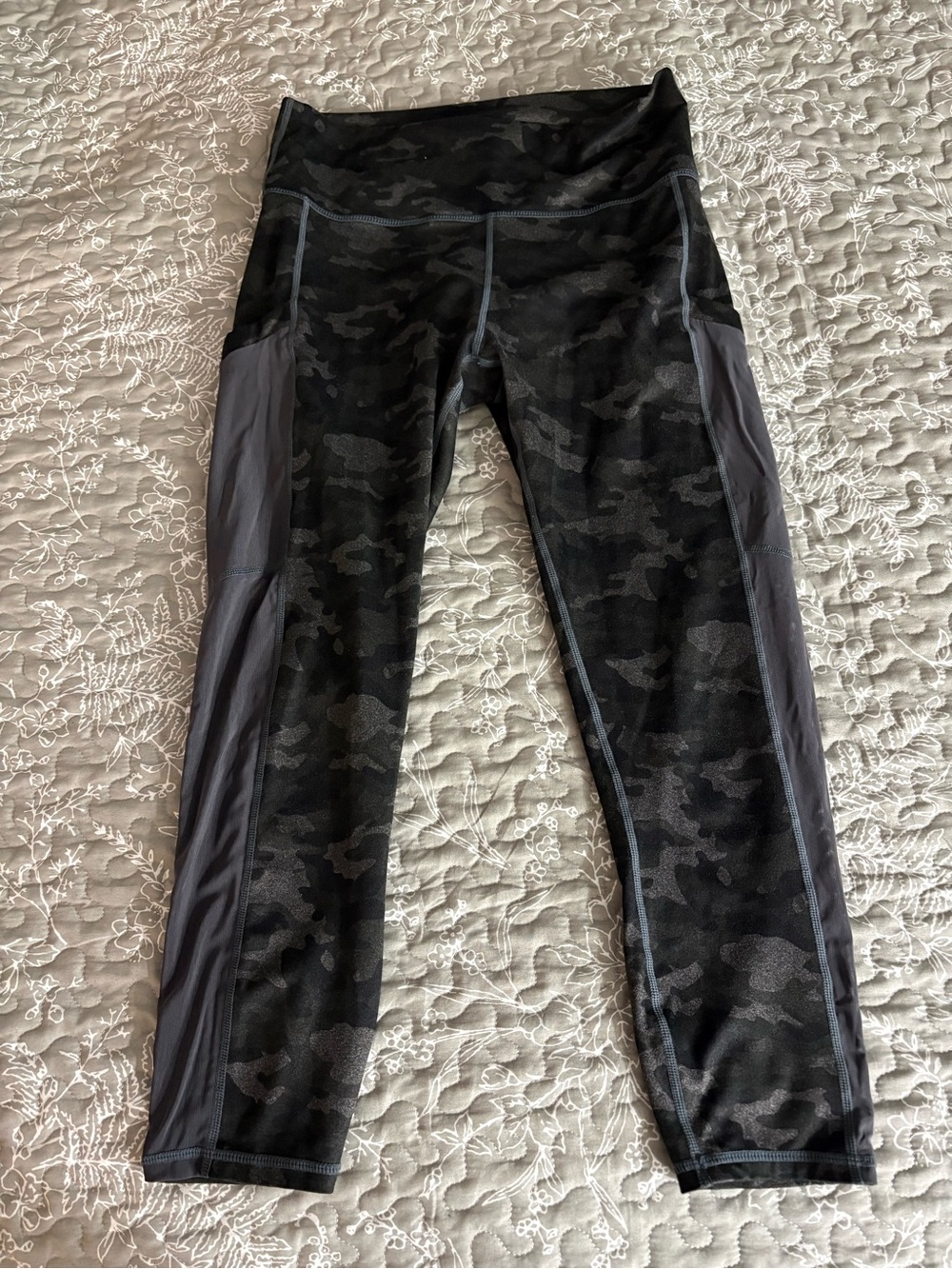Fabletics Black Camo Leggings with Gray Side Panels